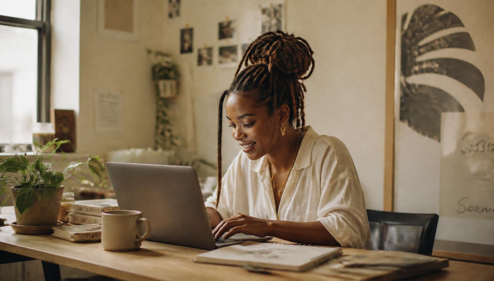 A woman smiling as she works on her laptop at a sunlit desk, bringing an idea to life