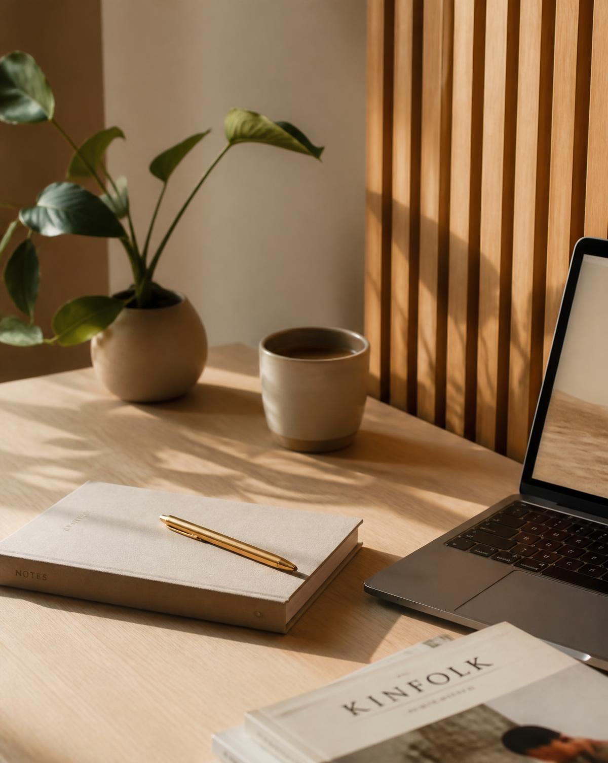 A quiet desk corner with a notebook, gold pen, ceramic mug and laptop in warm afternoon light