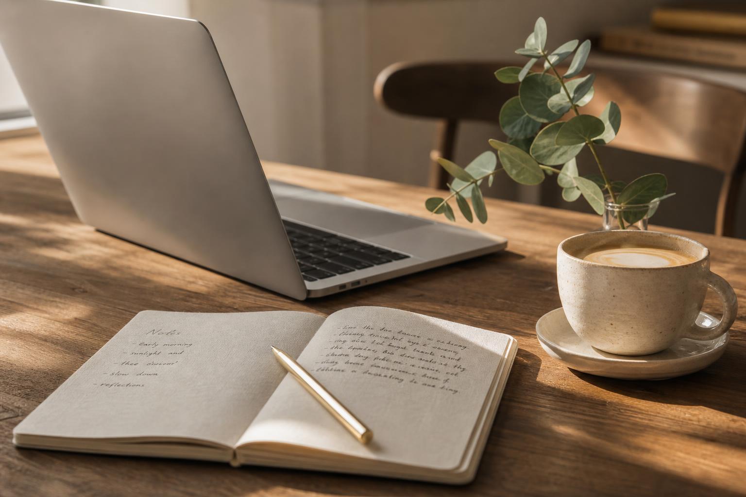 A warm workspace with a laptop, open notebook, creamy latte, gold pen, and a small plant in morning light